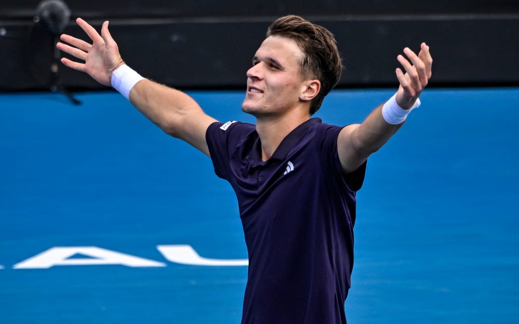 Jakub Mensik (CZE) celebrates winning the final against Sebastian Baez (ARG) in the Men's singles final match of the ASB Classic Men’s ATP 250 tennis tournament at Manuka Doctor Arena, Auckland, New Zealand on Saturday 17 January 2026. Photo credit: Alan Lee / Photosport
