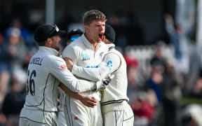 Ben Sears of the Black Caps celebrates the wicket of  Marnus Labuschagne of Austraila during day three of the second test in Christchurch.
