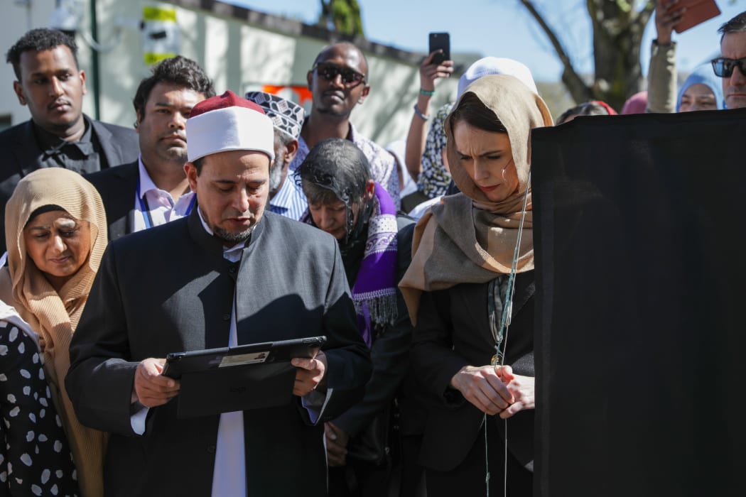 Al Noor Mosque Imam Gamal Fouda speaks at the plaque unveiling with the prime minister on 24 September, 2020.