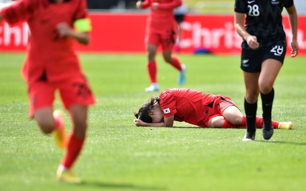 South Korea's Hyojoo Choo goes down with injury during an international against the Football Ferns in Christchurch.