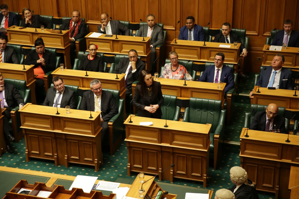 Prime Minister Jacinda Ardern, centre, and MPs were sworn in.