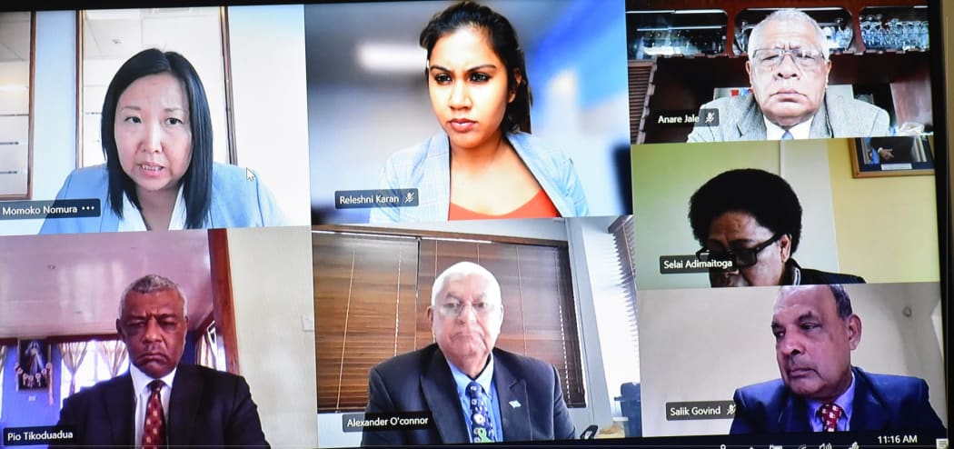 From left, top: OHCHR Human Rights officer Momoka Nomura, legal officer Releshni Karan and members of the Parliamentary Standing Committee on Foreign Affairs and Defence.