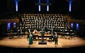 Wellington's Orpheus Choir and soloists at the Michael Fowler Centre. The conductor is Brent Stewart.