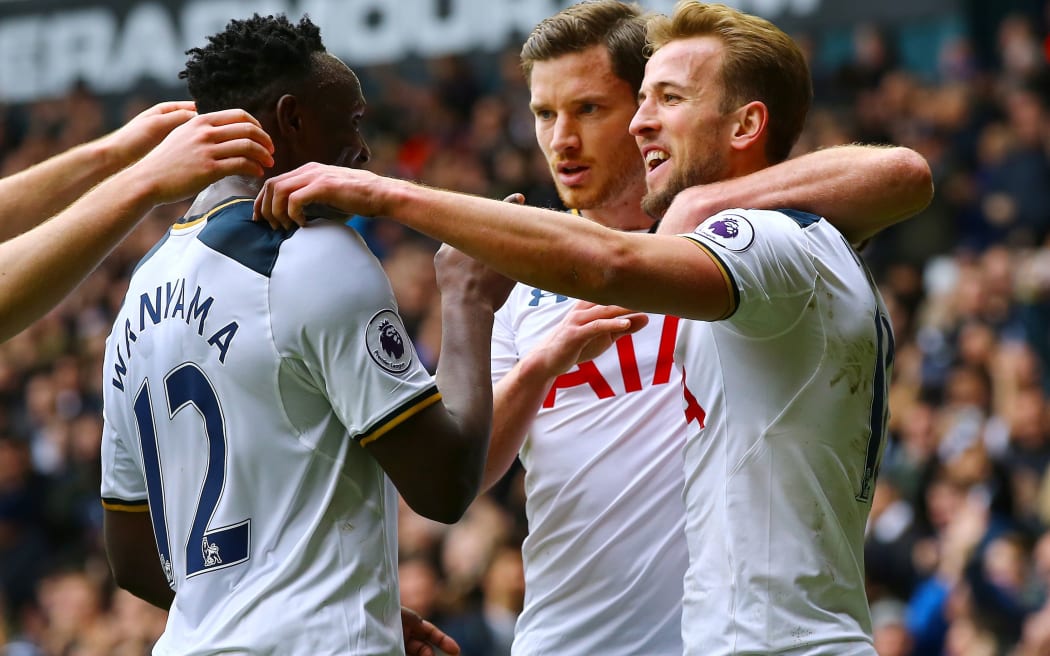White Hart Lane, Premier League football, Tottenham Hotspur versus Stoke City; Harry Kane of Tottenham celebrates with Victor Wanyama and Jan Vertonghen. February 26th 2017.