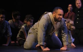Actors performing in Te Rākau theatre company's 'Dog & Bone' at Te Papa.