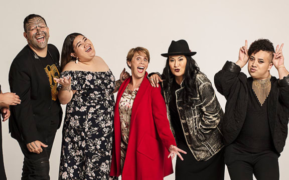Tōku Reo Waiata performers L-R: Kaaterama Pou (Maimoa), Rob Ruha, Awatea Wihongi (Maimoa) Hinewehi Mohi, Annie Crummer, Pere Wihongi (Maimoa) and Seth Haapu