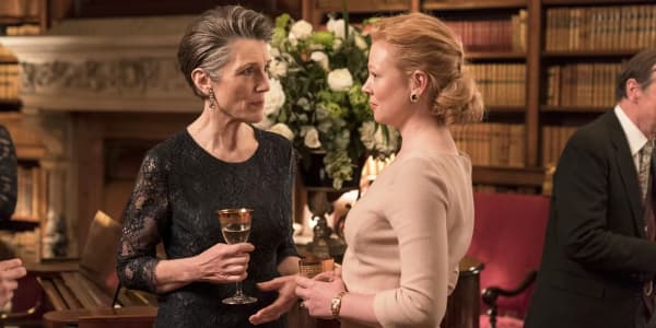 Harriet Walter (seen here with actress Sarah Snook) plays Caroline Collingwood in the American family drama series Succession.