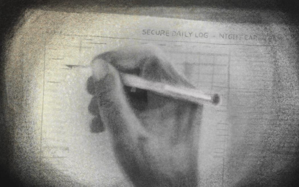 Charcoal sketch of a hand signing a log book form