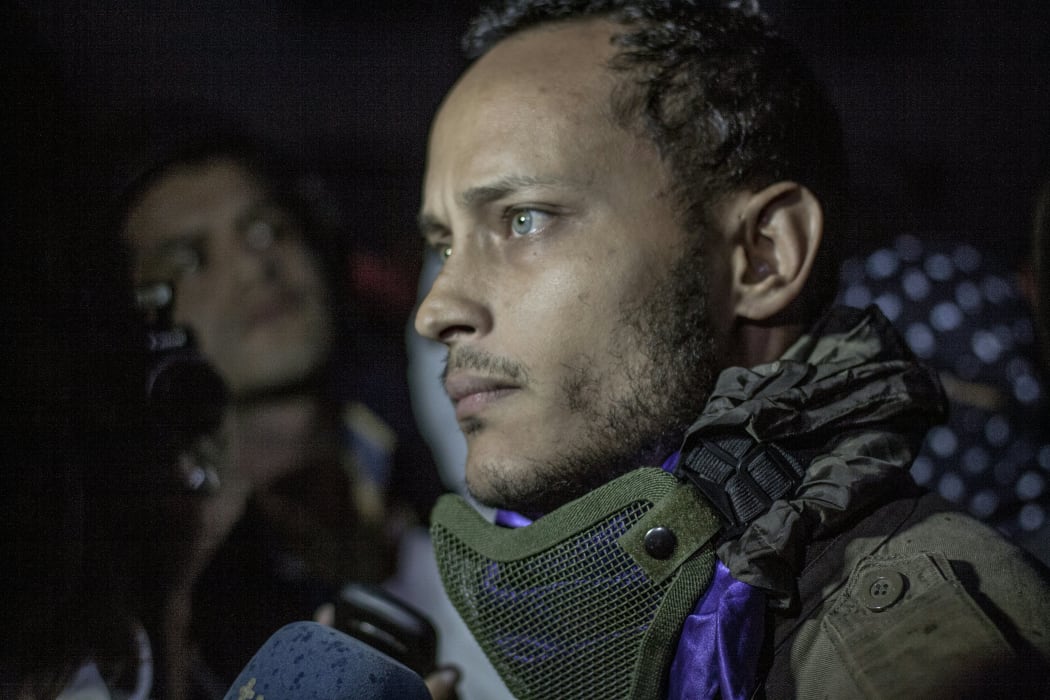 Venezuelan police officer Oscar Pérez participates in an anti-government protest in Caracas on July 13, 2017