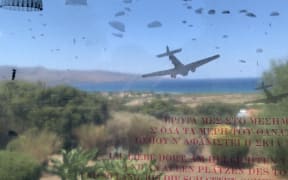 A memorial depiction of German paratroopers invading western Crete in May 1941