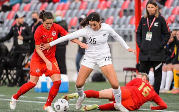 Ava Collins in action for the Football Ferns against Canada.