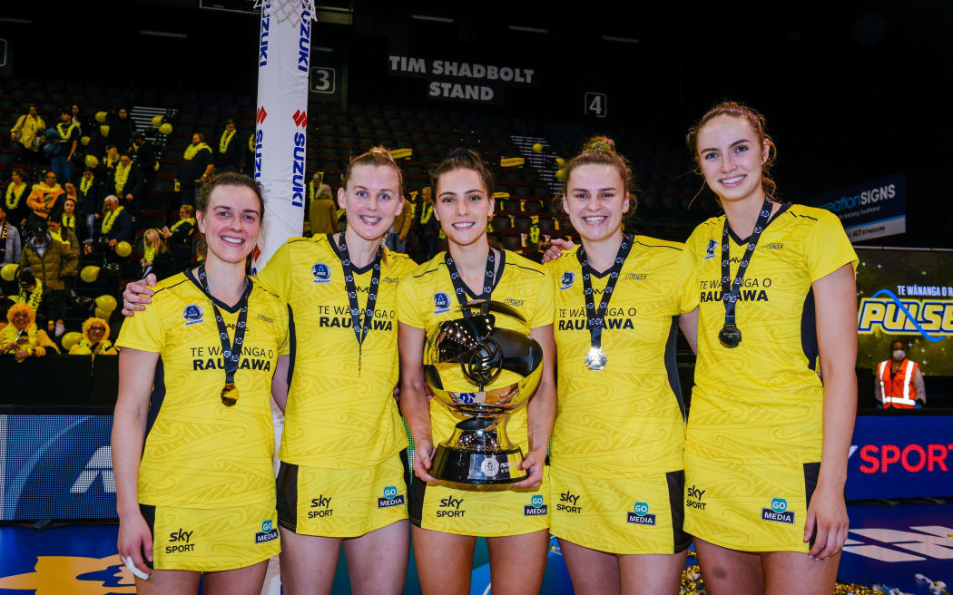 Central Pulse's (L-R) Claire Kersten, Katrina Rore, Karin Burger, Elle Temu, Kelly Jury. Central Pulse vs Mainland Tactix. ANZ Premiership Grand Final Netball. ILT Stadium, Invercargill Sunday, 23rd August 2020. Â© Copyright image by Clare Toia-Bailey / www.photosport.nz