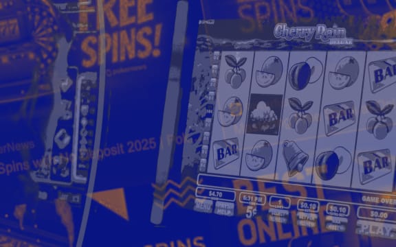 Stylised composite of pokies and free spin advertising