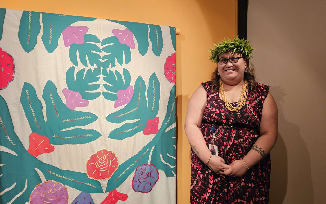 Angelique Tuaputa with her grandmothers Tivaevae.