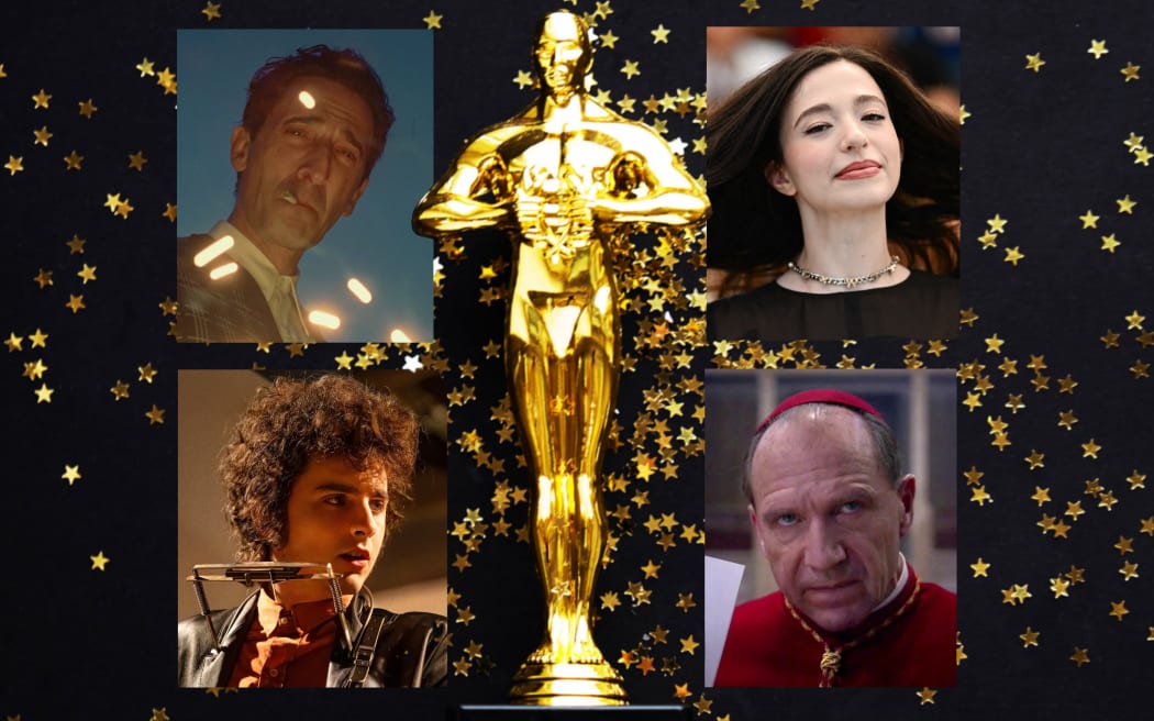 Clockwise from top, Adrien Brody in The Brutalist, Mikey Madison from Anora, Ralph Fiennes in Conclave and Timothée Chalamet in A Complete Unknown.