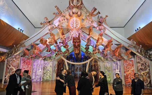 The pōwhiri for the Kura Reo Taiao at Rongomaraeroa Marae at Te Papa.