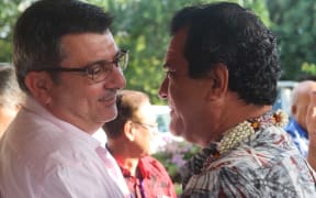 The president of New Caledonia, Philippe Germain, and the president of French Polynesia, Edouard Fritch, after their territories were admitted as full members of the Pacific Islands Forum.