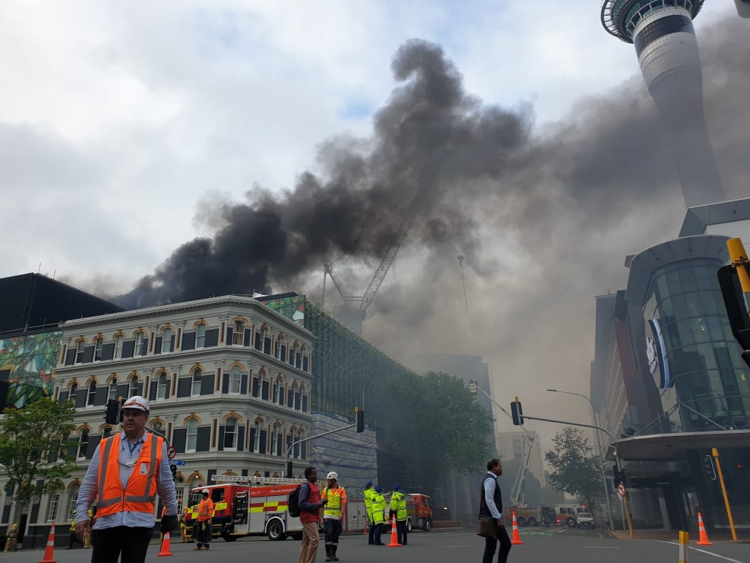 Smoke fills the air around Auckland CBD near the SkyCity convention centre, where a fire broke out.