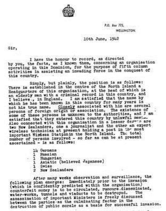 Letter from Kenneth Folkes to Prime Minister Peter Fraser sent 10 June 1942. In it Major Folkes claims to have confirmed details of a Nazi plot to invade New Zealand.