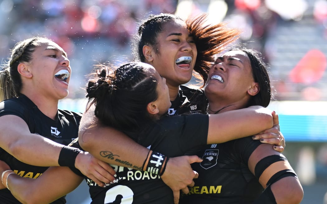 The Kiwi Ferns celebrate a try to centre Annessa Biddle.