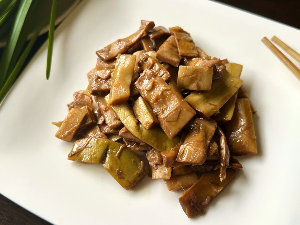Packaged ready-to-eat dish “Braised Spring Bamboo Shoots” at a Auckland Chinese supermarket.