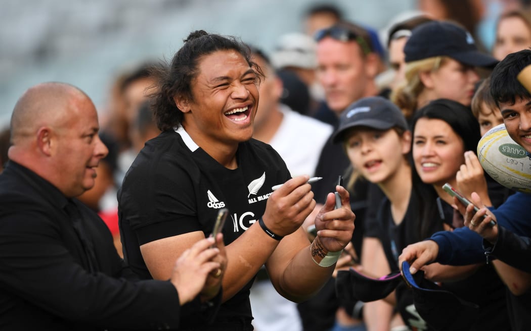 Caleb Clarke has a selfie with fans after the second Bledisloe Cup test Auckland 2020.