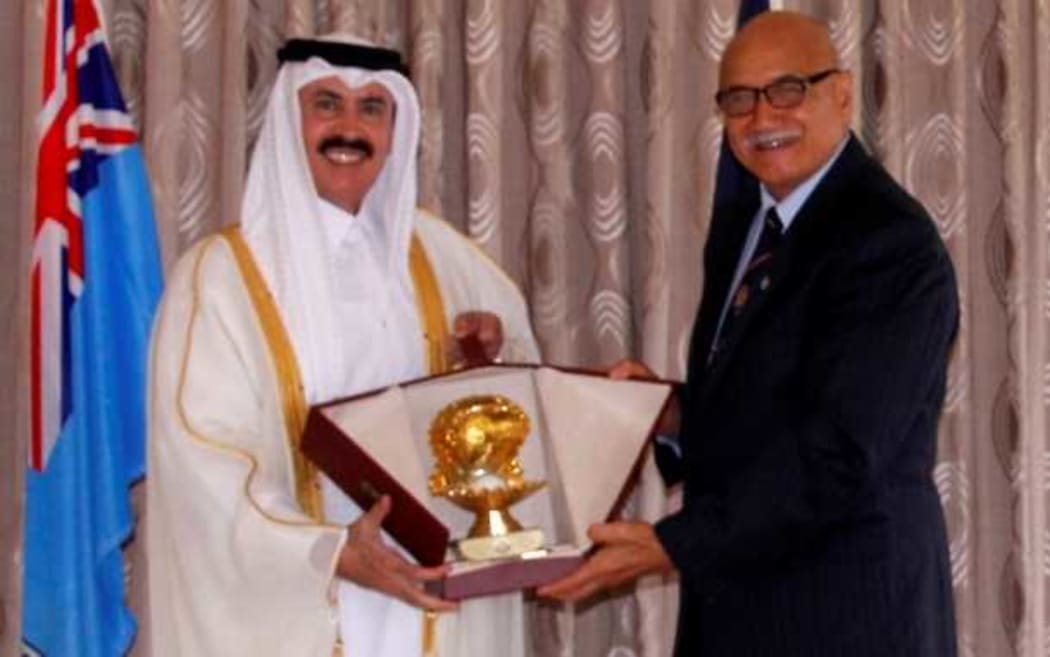 Qatar ambassador Naseer Bin Hamad Mubarak Al Khalifa and Fiji president Jioji Konusi Konrote.