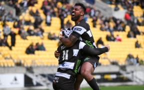 Lolagi Visinia of Hawkes Bay  celebrates with Jonah Lowe after scoring in his side's Ranfurly Shield win.