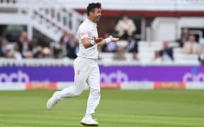 England's James Anderson celebrates taking the wicket of India's Ajinkya Rahane for one on the second day of the second cricket Test match  between England and India at Lord's cricket ground in London on August 13, 2021.