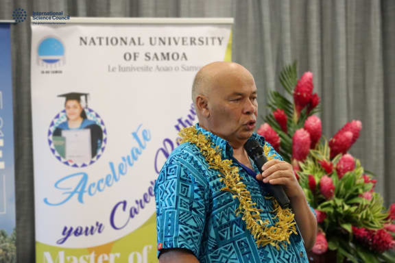 Sir Colin Tukuitonga speaking at a meeting in Samoa calling for a science academy for the Pacific to be set up.