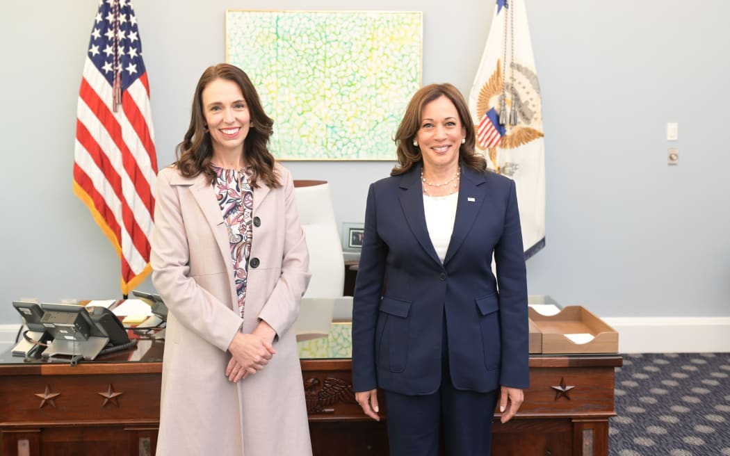 Prime Minister Jacinda Ardern with US Vice President Kamala Harris at the White House.
