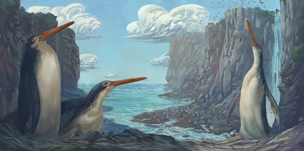 An illustration of three giant penguins with long beaks standing beneath rocky cliffs next to the ocean. One penguin is on its belly next to one penguin standing upright. The third penguin stands opposite with beak pointed up to the sky and wings slightly outstretched.