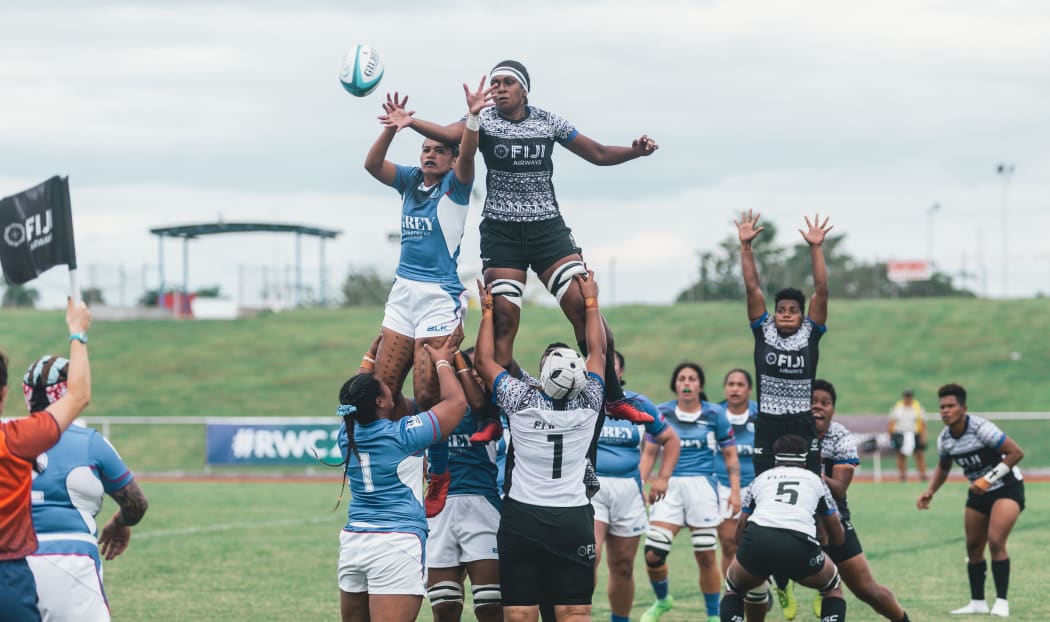 Samoa and Fiji line out at the Oceania Championship.