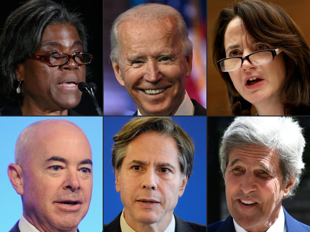 Joe Biden, top row centre, with cabinet appointments Linda Thomas-Greenfield, left, and Avril Haines. Bottom row from left, Alejandro Mayorkas, Antony Blinken and John Kerry.