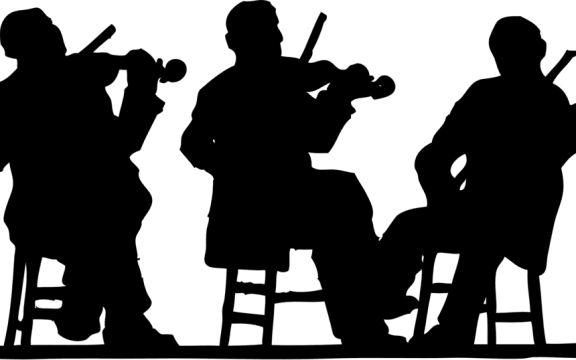 Three violinists in silhouette