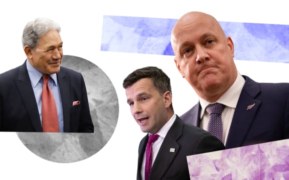 Collage of Winston Peters smiling at Christopher Luxon and David Seymour