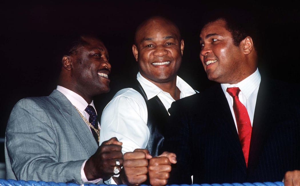 Boxing legends Joe Frazier, George Foreman and Muhammad Ali.