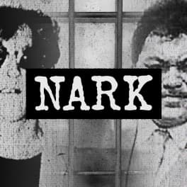 Black and white grainy image of Ross Appelgren (left hand side) and Darcy Te Hira (right handside) with their faces partially obscured by the end of the image. Prison bars appear behind then, with the word ‘Nark’ in all caps in white with a black strip behind the words.