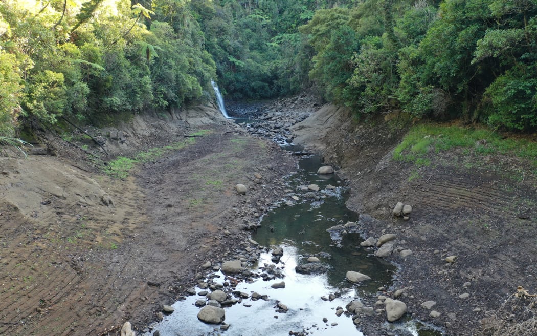 The water level is low in the creek leading into Upper Nihotupu Dam.