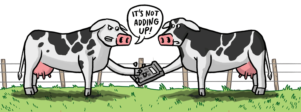 Two cows hold a calculator, saying "it's not adding up".