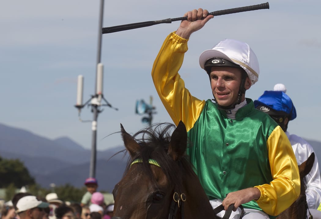 Craig Grylls on Graphic celebrates winning the Wellington Cup at Trentham Race Course in 2014.