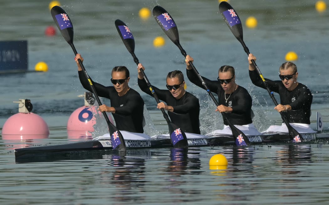 (From L) New Zealand's Lisa Carrington, New Zealand's Alicia Hoskin, New Zealand's Olivia Brett and New Zealand's Tara Vaughan compete in the women's kayak four 500m heats of the canoe sprint competition at Vaires-sur-Marne Nautical Stadium in Vaires-sur-Marne during the Paris 2024 Olympic Games on August 6, 2024. (Photo by Bertrand GUAY / AFP)