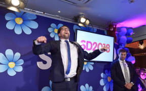 Sweden Democrats leader Jimmie Akesson addresses party election workers at the Kristallen restaurant in central Stockholm on September 9, 2018.