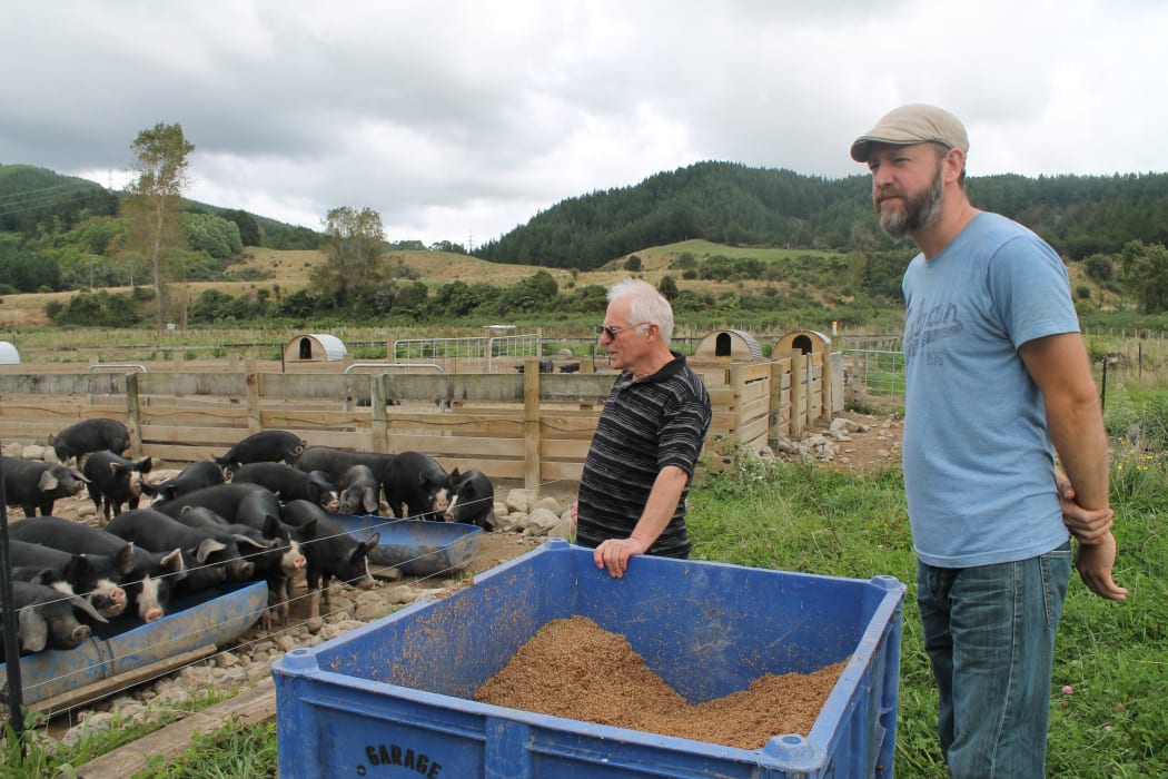 Daniel Todd and RNZ's David Knowles at Woody's Farm