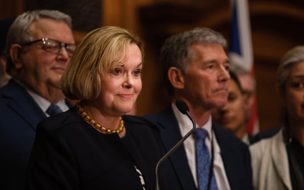 National Party leader Judith Collins addresses media following the emergency caucus meeting on 14 July.