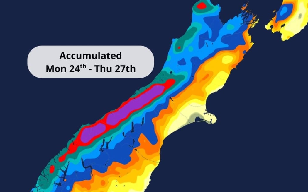 Accumulated rainfall forecast on Thursday 28 November for the South Island.