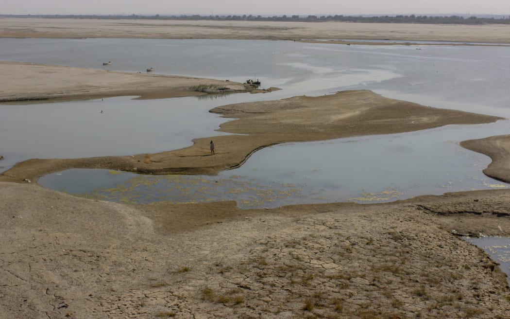 A view of a dry path of Indus River in Jamshoro and Kotri district in Hyderabad, Pakistan, on May 6, 2025. Pakistan has warned of a full force response to any attempt by India to divert or block its share of water under the Indus water treaty.