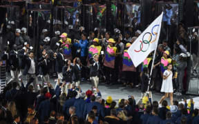 The Olympic refugee team enter the stadium in Rio.