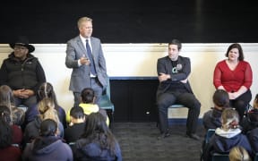 L-R: Rawiri Waititi, Todd McClay, Andrew Caie and Claire Mahon debate at Rotorua Girls' High School.