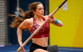The powerful Imogen Ayris tries to get the most out of her run up.